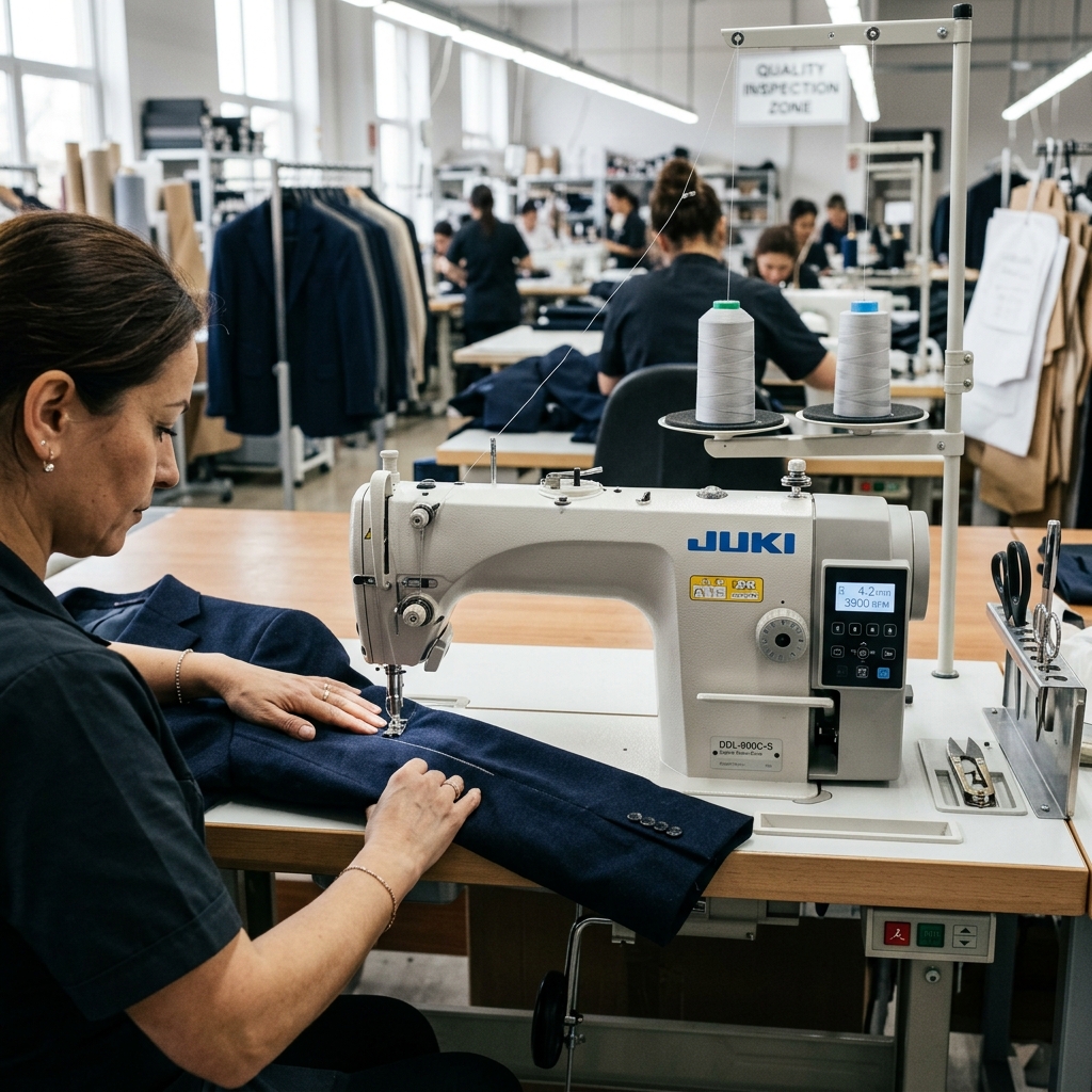 High-quality industrial sewing machine representing premium garment manufacturing